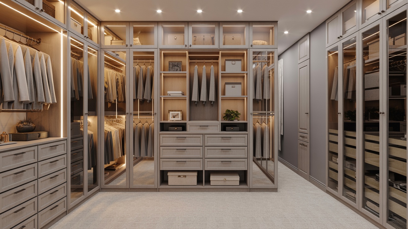 Closet planejado com iluminação quente e prateleiras